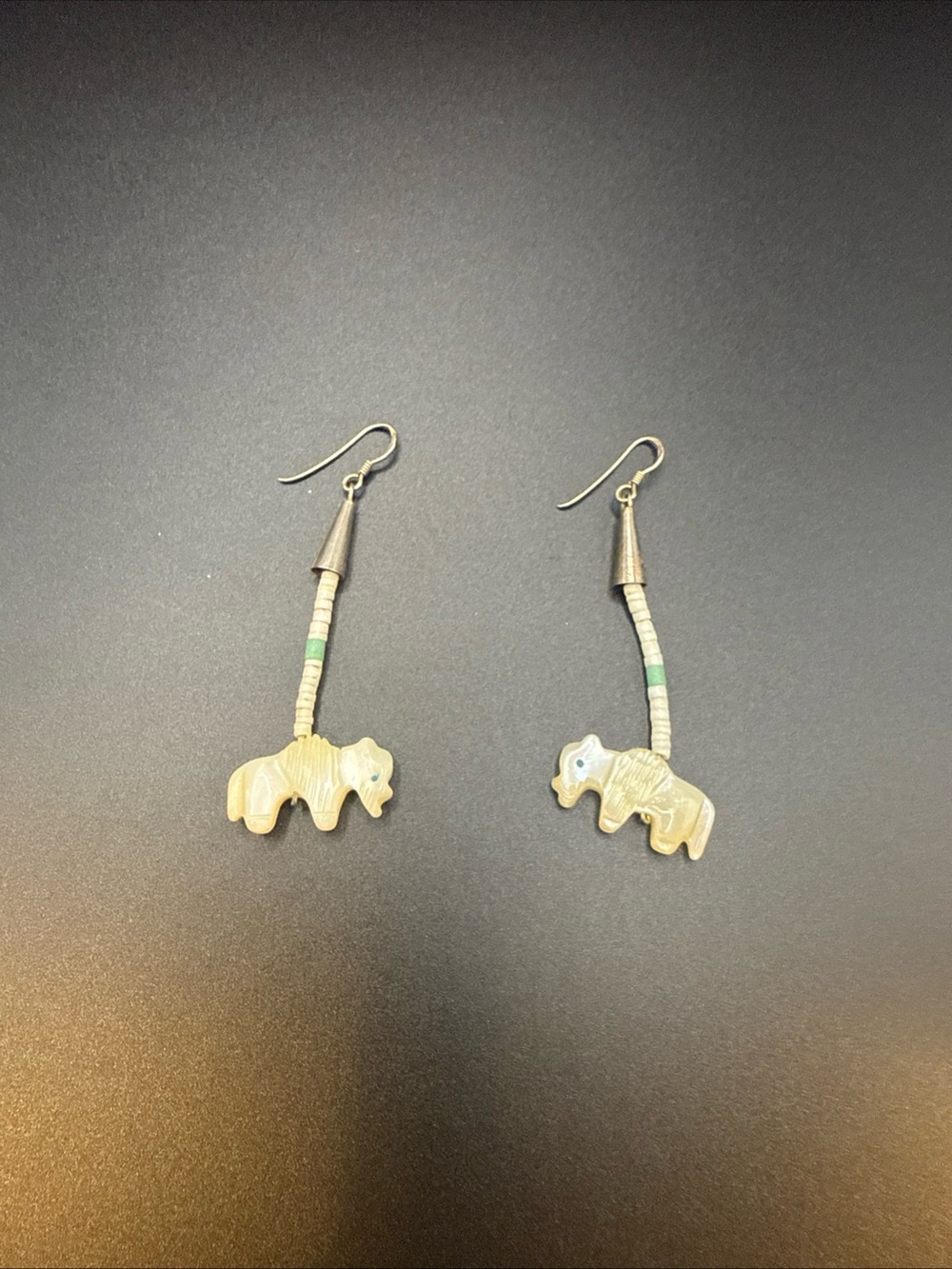 VTG Mother Of Pearl Buffalo Dangle Earrings
